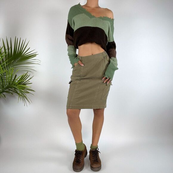 Y2K Style High Waisted Green Gorpcore Midi Cargo Skirt-Skort / Size: XS - Picture 1 of 6